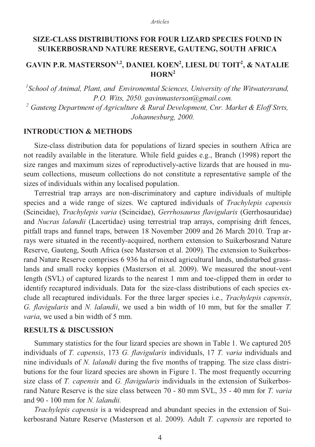 Size-Class Distributions for Four Lizard Species Found in Suikerbosrand Nature Reserve, Gauteng, South Africa