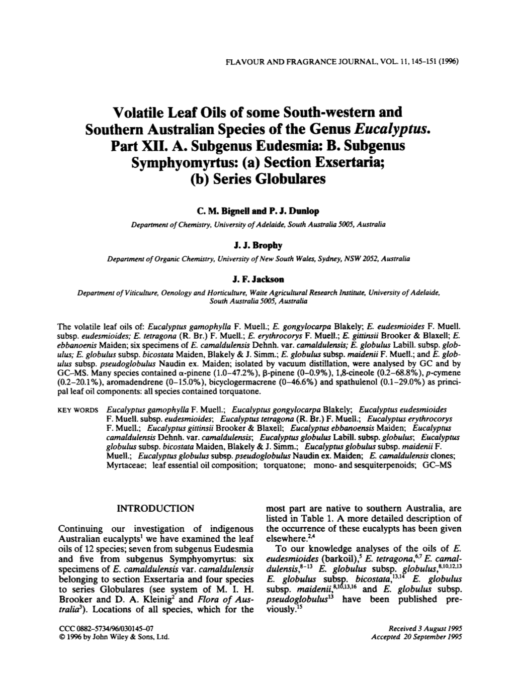 Volatile Leaf Oils of Some South-Western and Southern Australian Species of the Genus Eucalyptus. Part XII. A. Subgenus Eudesmia