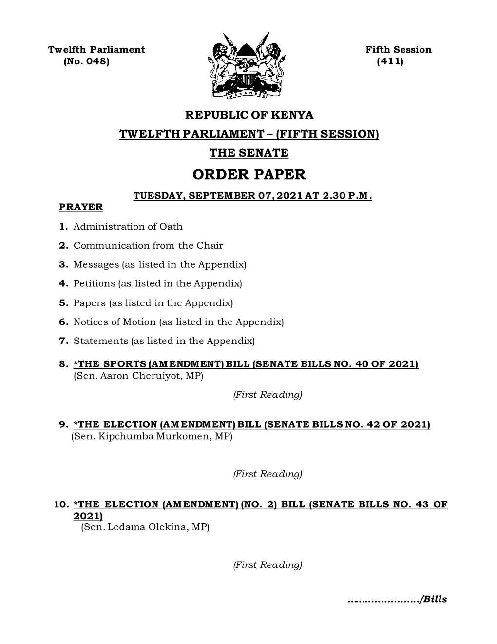 Order Paper for Tuesday 7Th September, 2021.Pdf