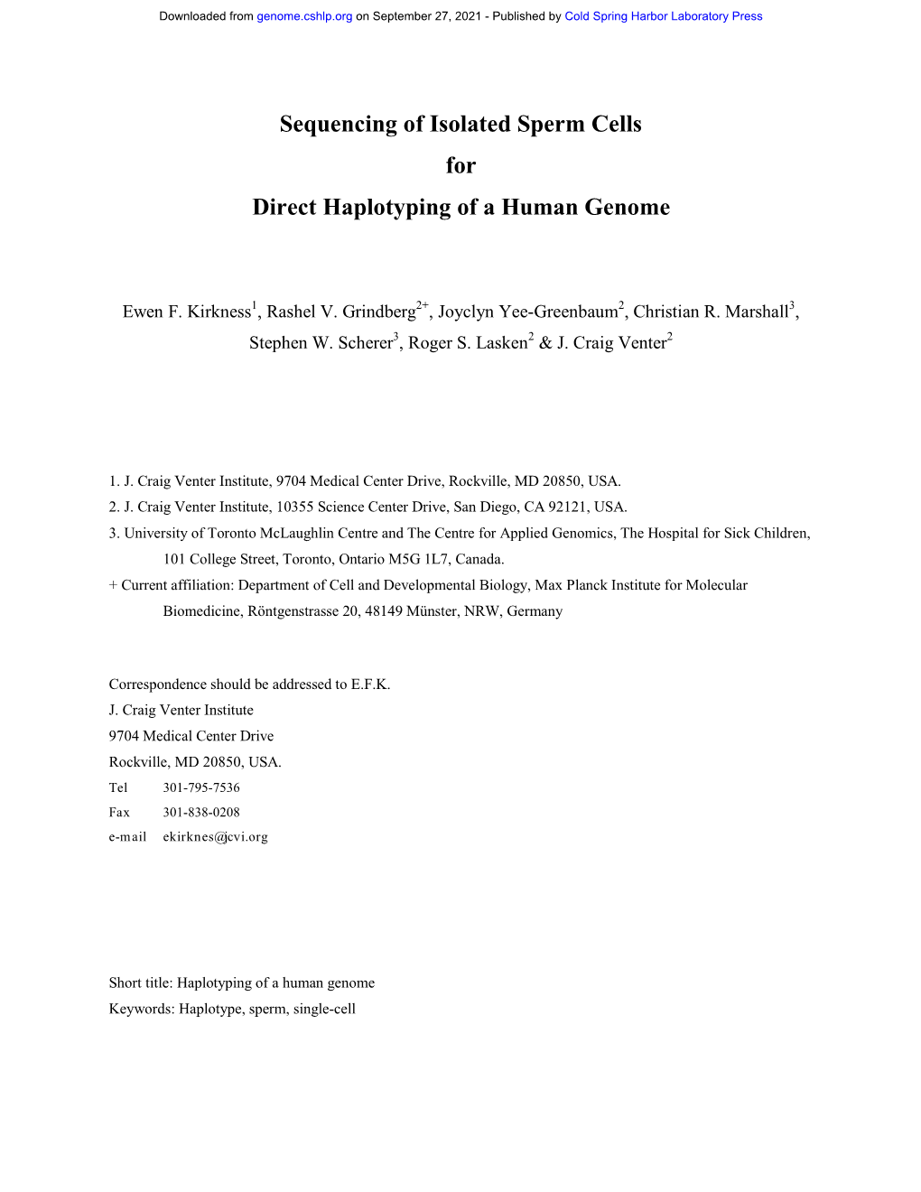 Sequencing of Isolated Sperm Cells for Direct Haplotyping of a Human Genome