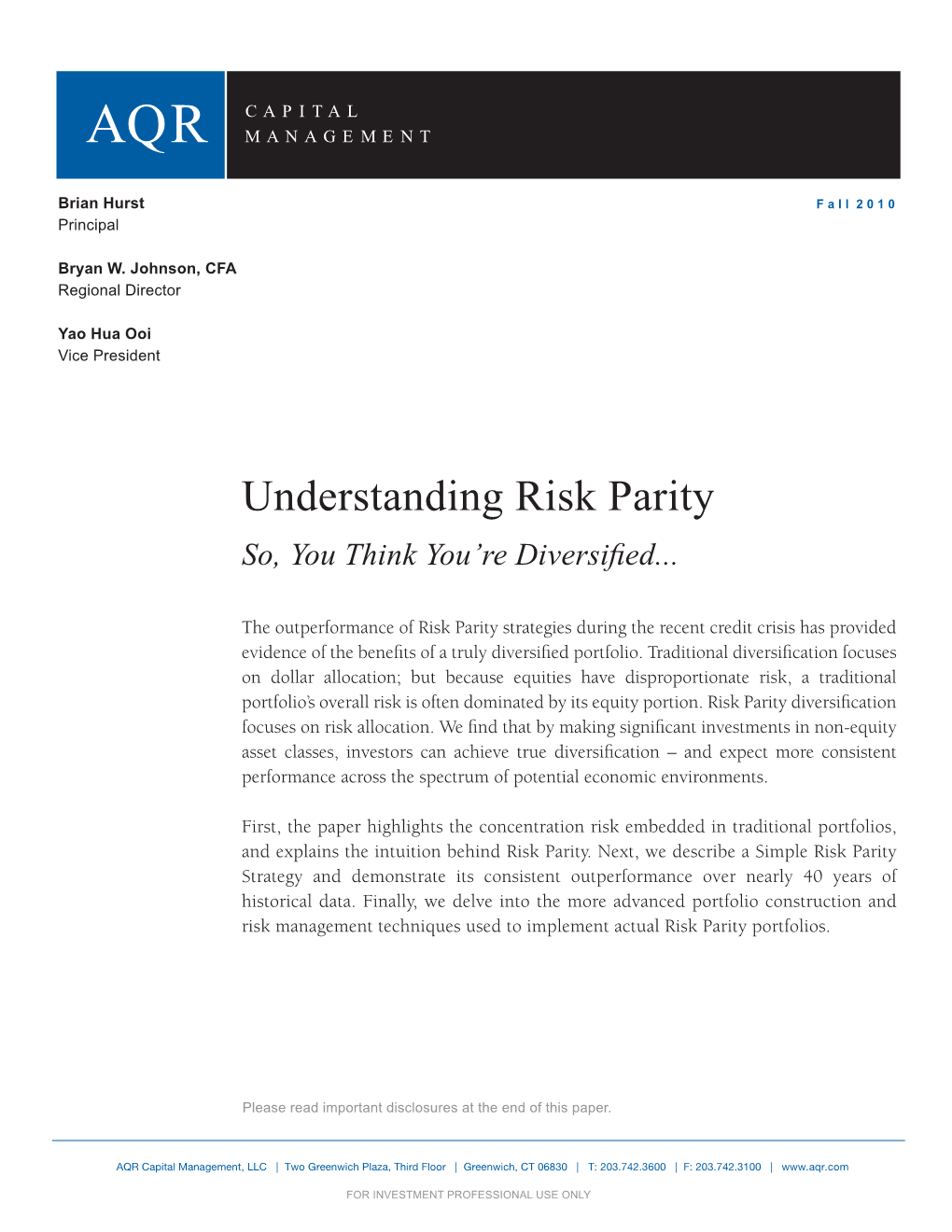 Understanding Risk Parity So, You Think You’Re Diversified