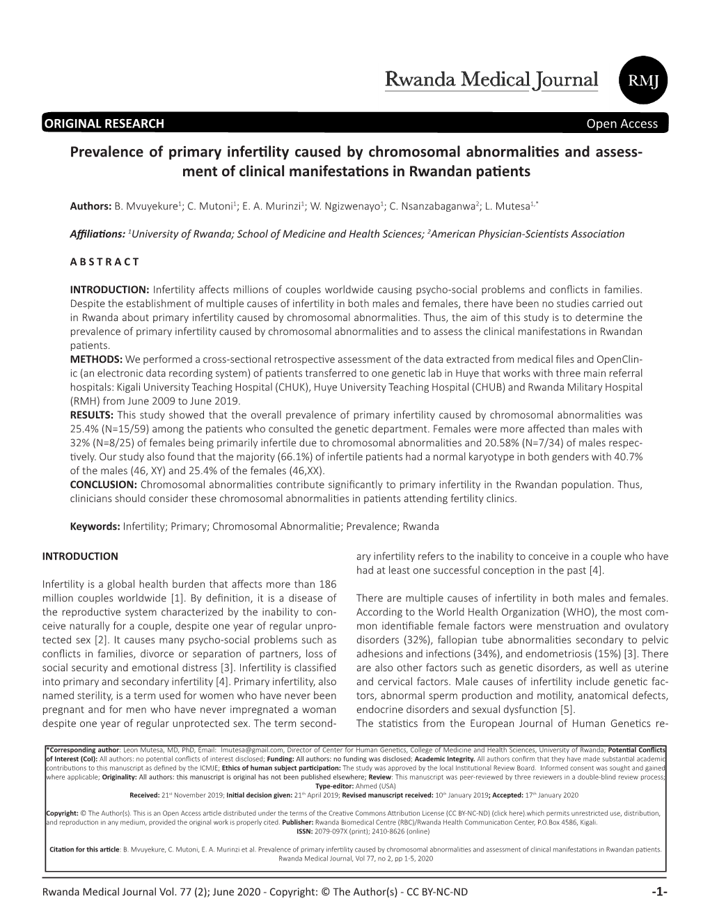 Prevalence of Primary Infertility Caused by Chromosomal Abnormalities and Assess- Ment of Clinical Manifestations in Rwandan Patients