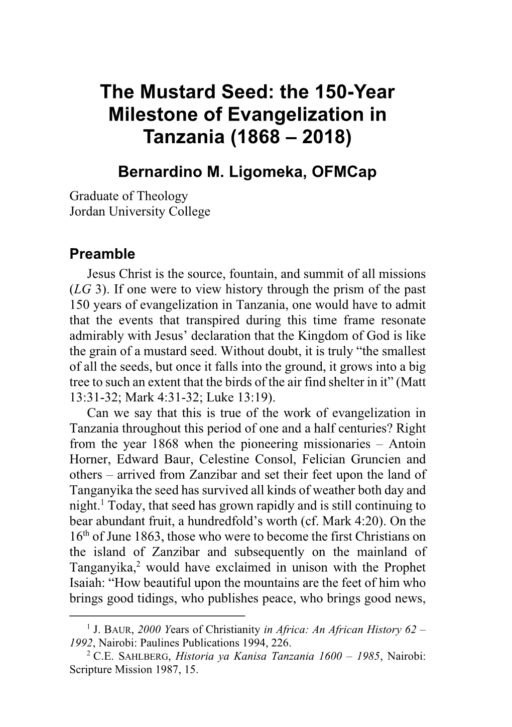 The 150-Year Milestone of Evangelization in Tanzania (1868 – 2018)