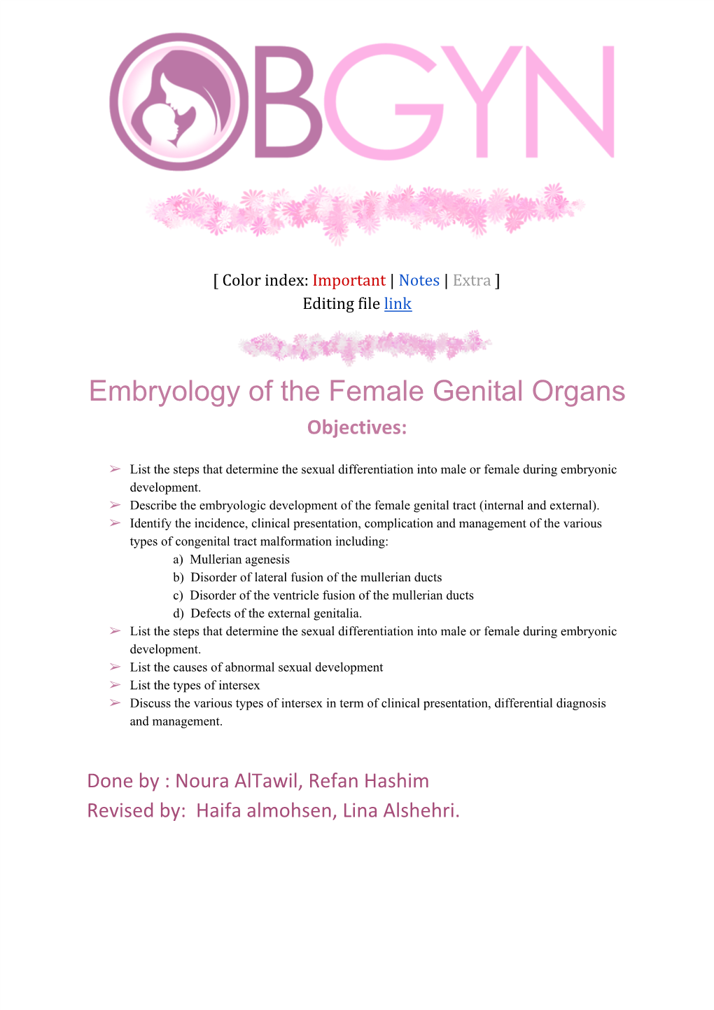 Embryology of the Female Genital Organs Objectives