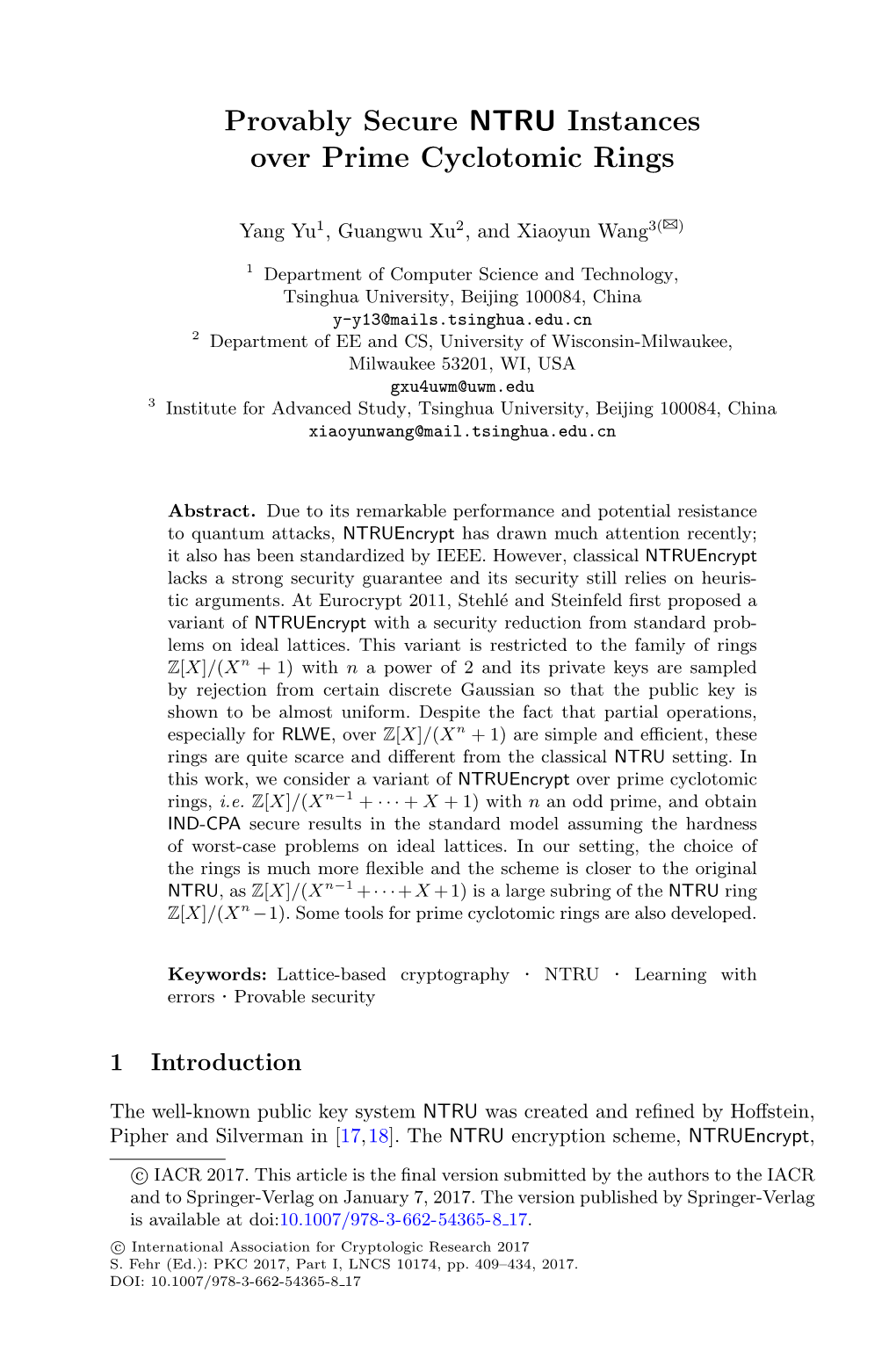 Provably Secure NTRU Instances Over Prime Cyclotomic Rings