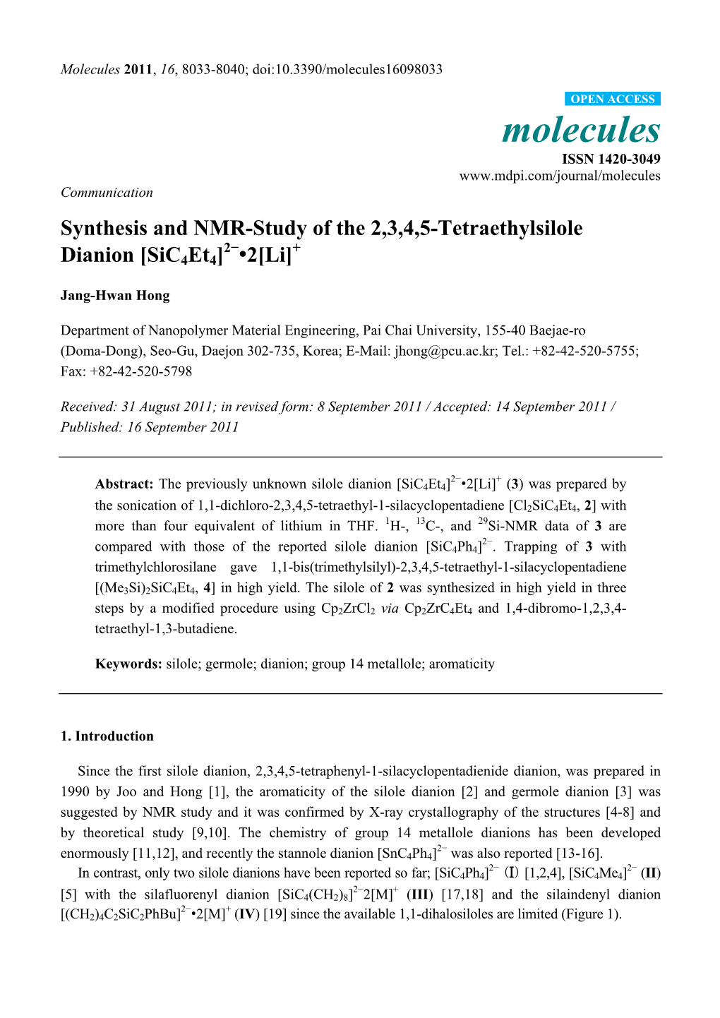 Synthesis and NMR-Study of the 2,3,4,5-Tetraethylsilole 2− + Dianion [Sic4et4] •2[Li]