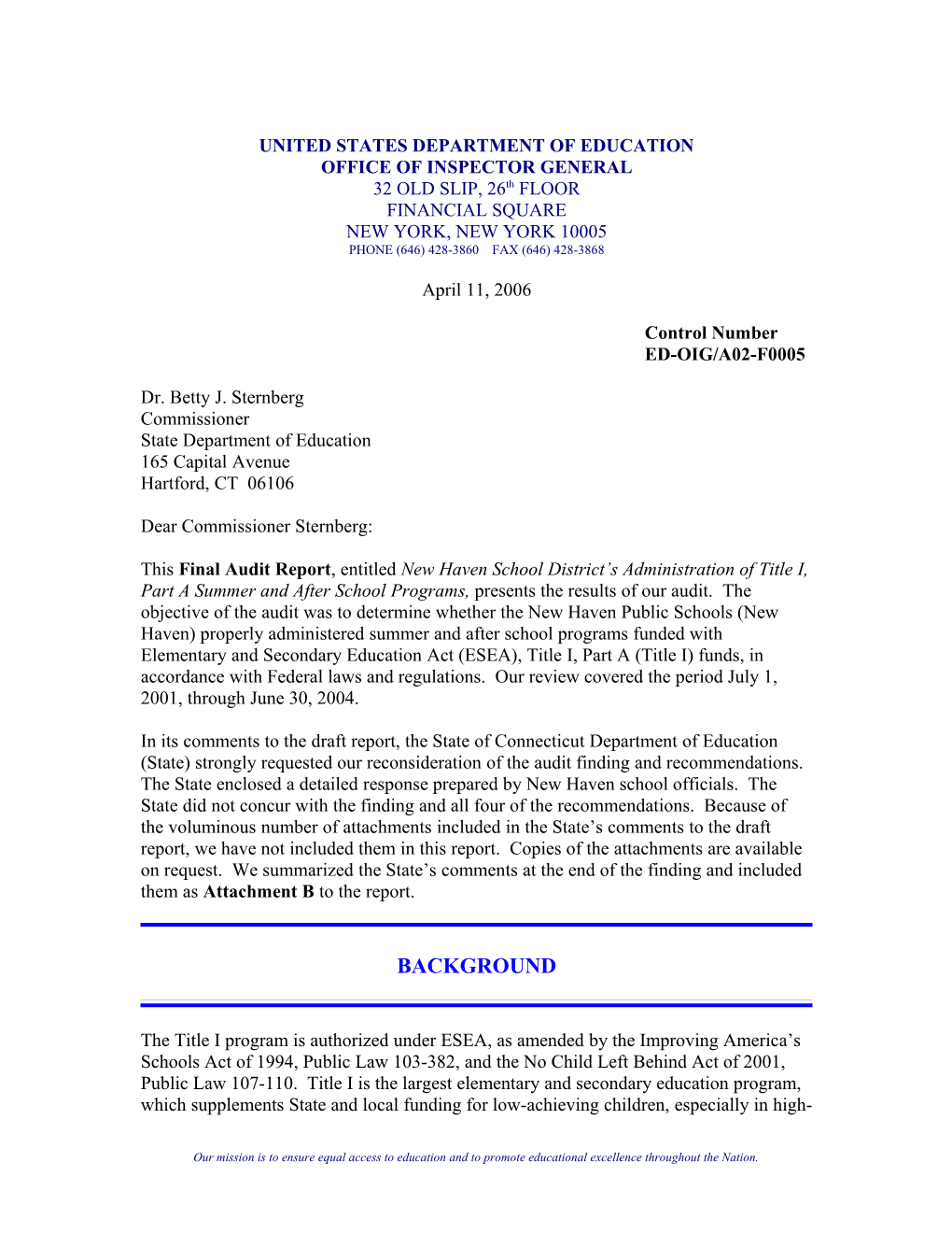 OIG Audit Report: New Haven School District's Administration of Title I, Part a Summer