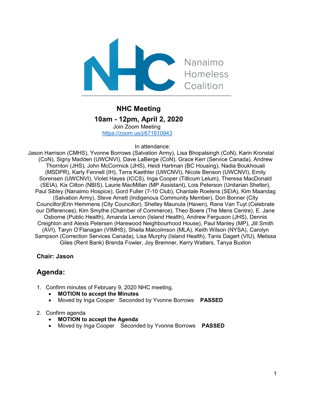 NHC Meeting 10Am - 12Pm, April 2, 2020 Join Zoom Meeting