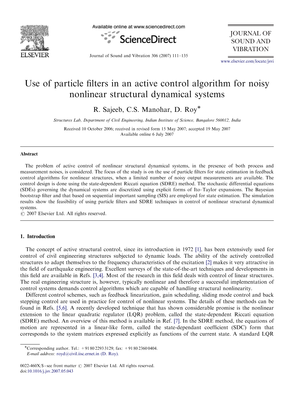 Use of Particle Filters in an Active Control Algorithm for Noisy Nonlinear