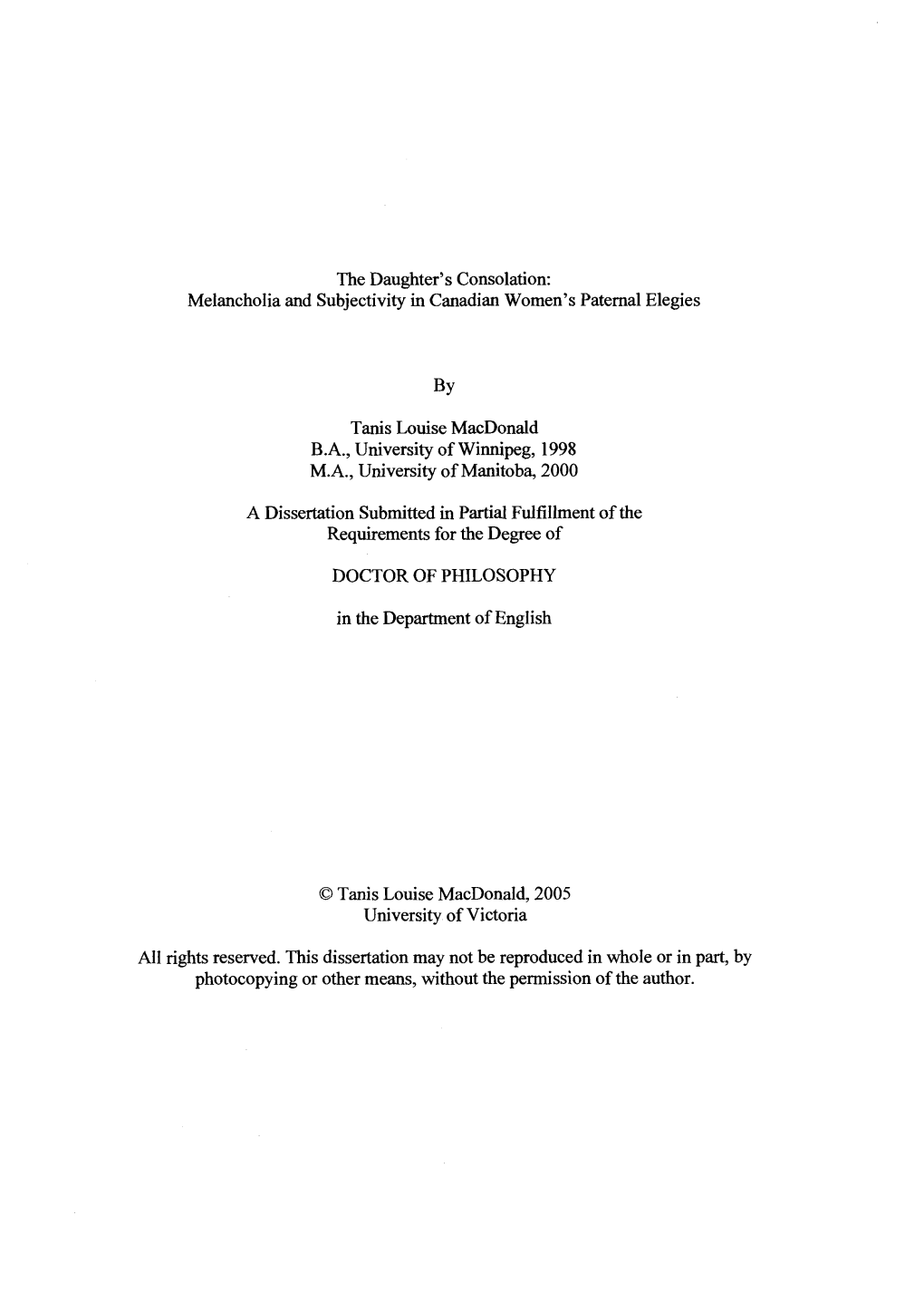 The Daughter's Consolation: Melancholia and Subjectivity in Canadian Women's Paternal Elegies