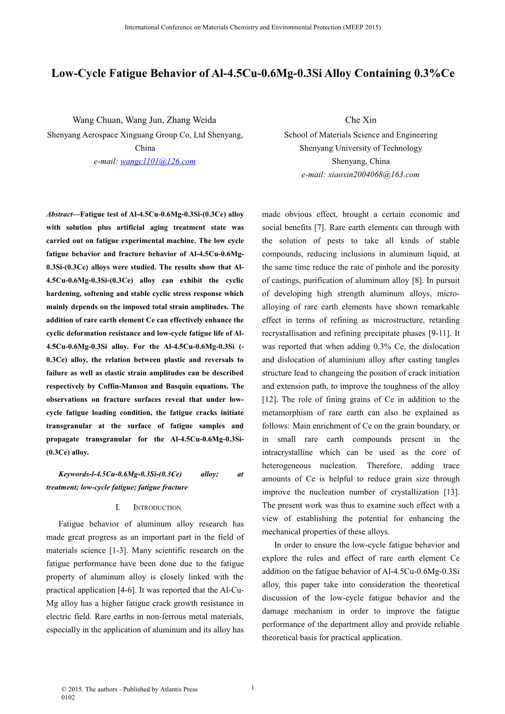 Low-Cycle Fatigue Behavior of Al-4.5Cu-0.6Mg-0.3Si Alloy Containing 0.3%Ce