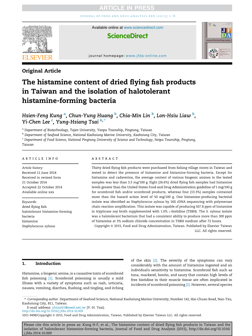 The Histamine Content of Dried Flying Fish Products in Taiwan and The