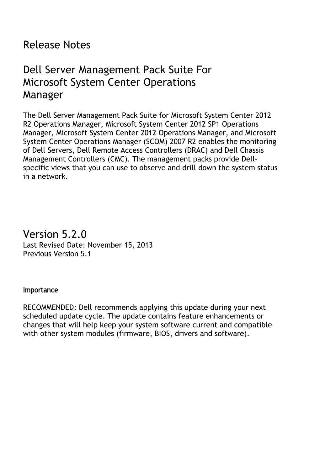 Dell Server Management Pack Suite for Microsoft System Center Operations Manager Release Notes