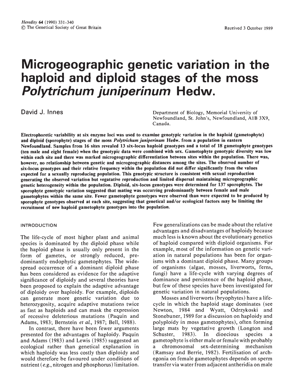 Microgeographic Genetic Variation in the Haploid and Diploid Stages of the Moss Polytrichum Juniperinum H Edw