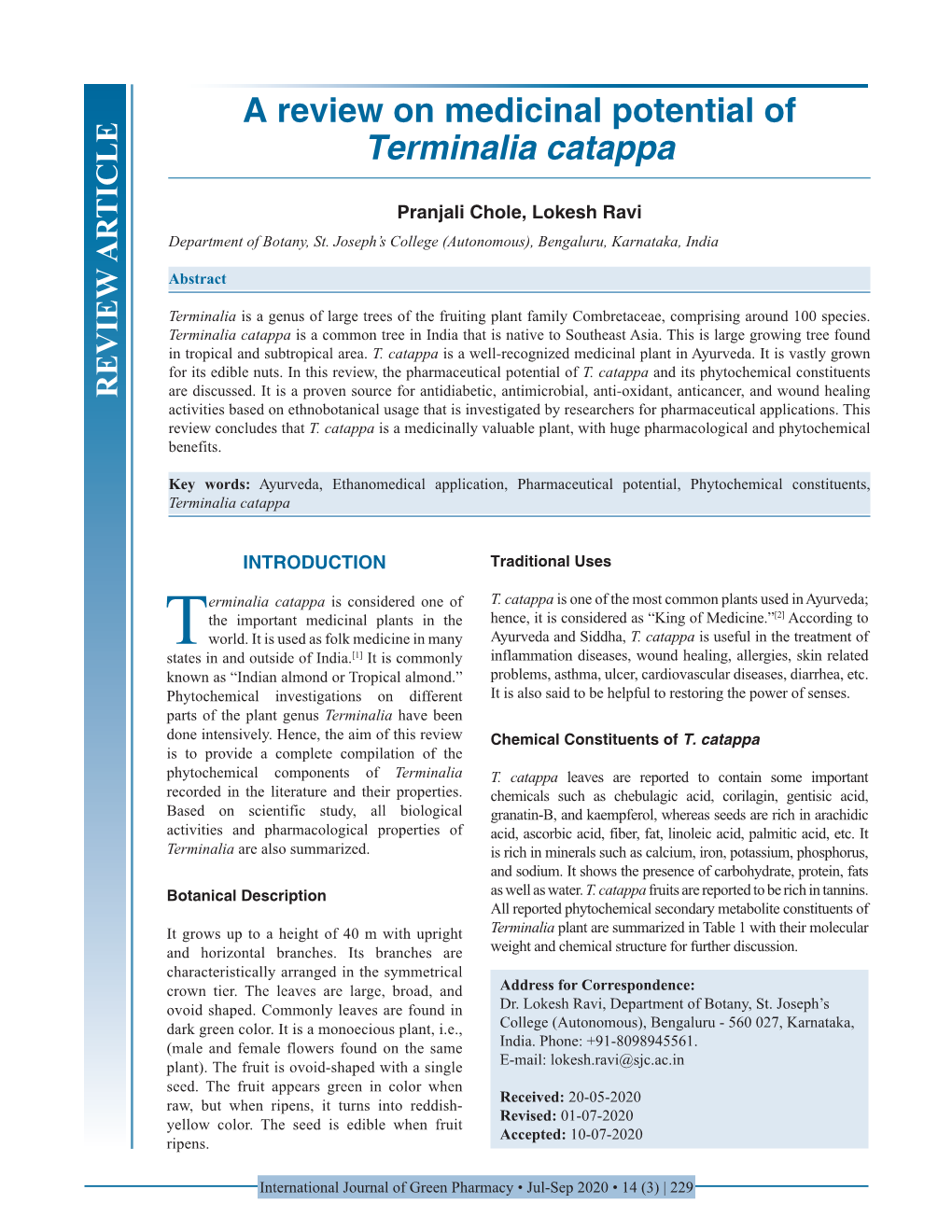 A Review on Medicinal Potential of Terminalia Catappa
