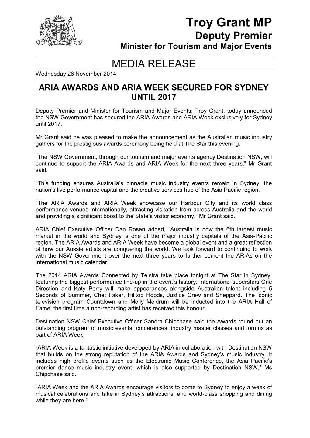 Aria Awards and Aria Week Secured for Sydney Until 2017