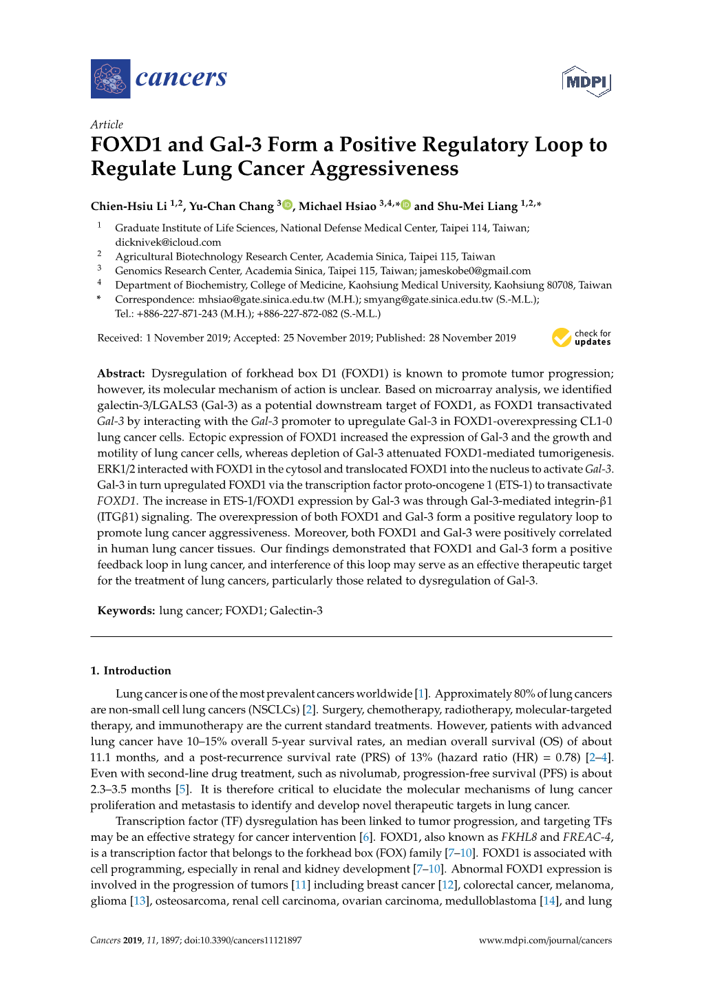 FOXD1 and Gal-3 Form a Positive Regulatory Loop to Regulate Lung Cancer Aggressiveness