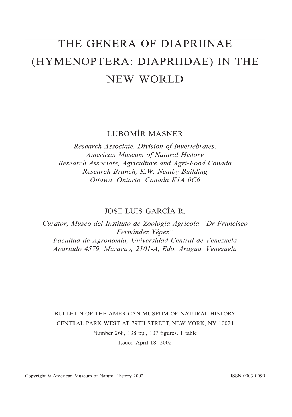 The Genera of Diapriinae (Hymenoptera: Diapriidae) in the New World