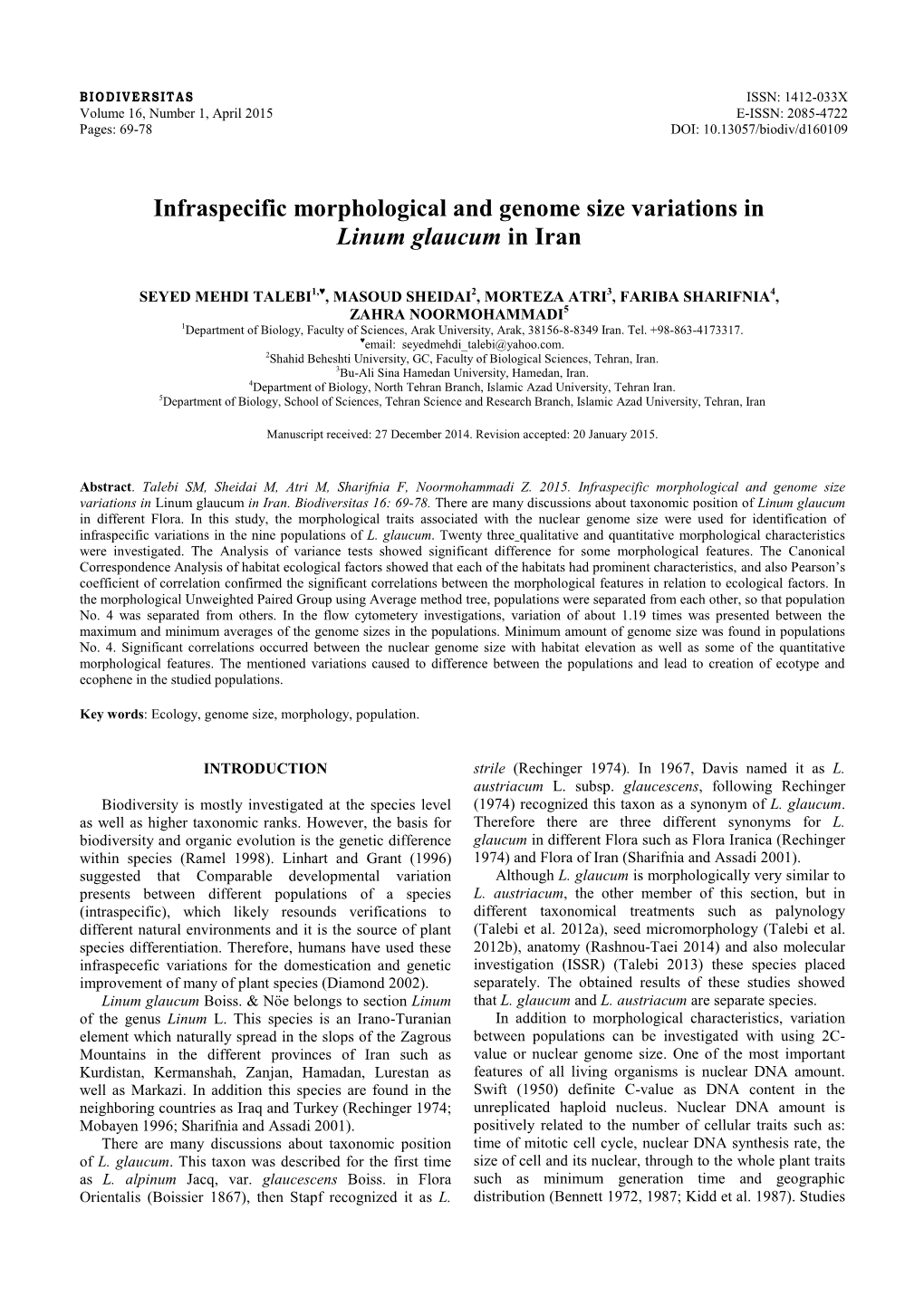 Infraspecific Morphological and Genome Size Variations in Linum Glaucum in Iran