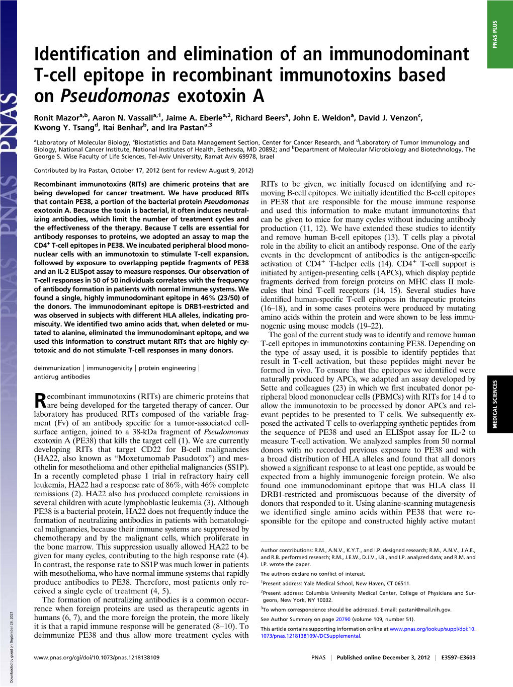 Identification and Elimination of an Immunodominant T-Cell Epitope in Recombinant Immunotoxins Based on Pseudomonas Exotoxin A