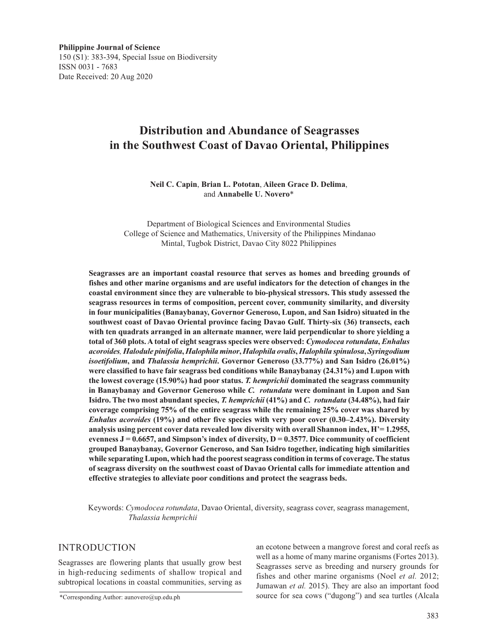Distribution and Abundance of Seagrasses in the Southwest Coast of Davao Oriental, Philippines