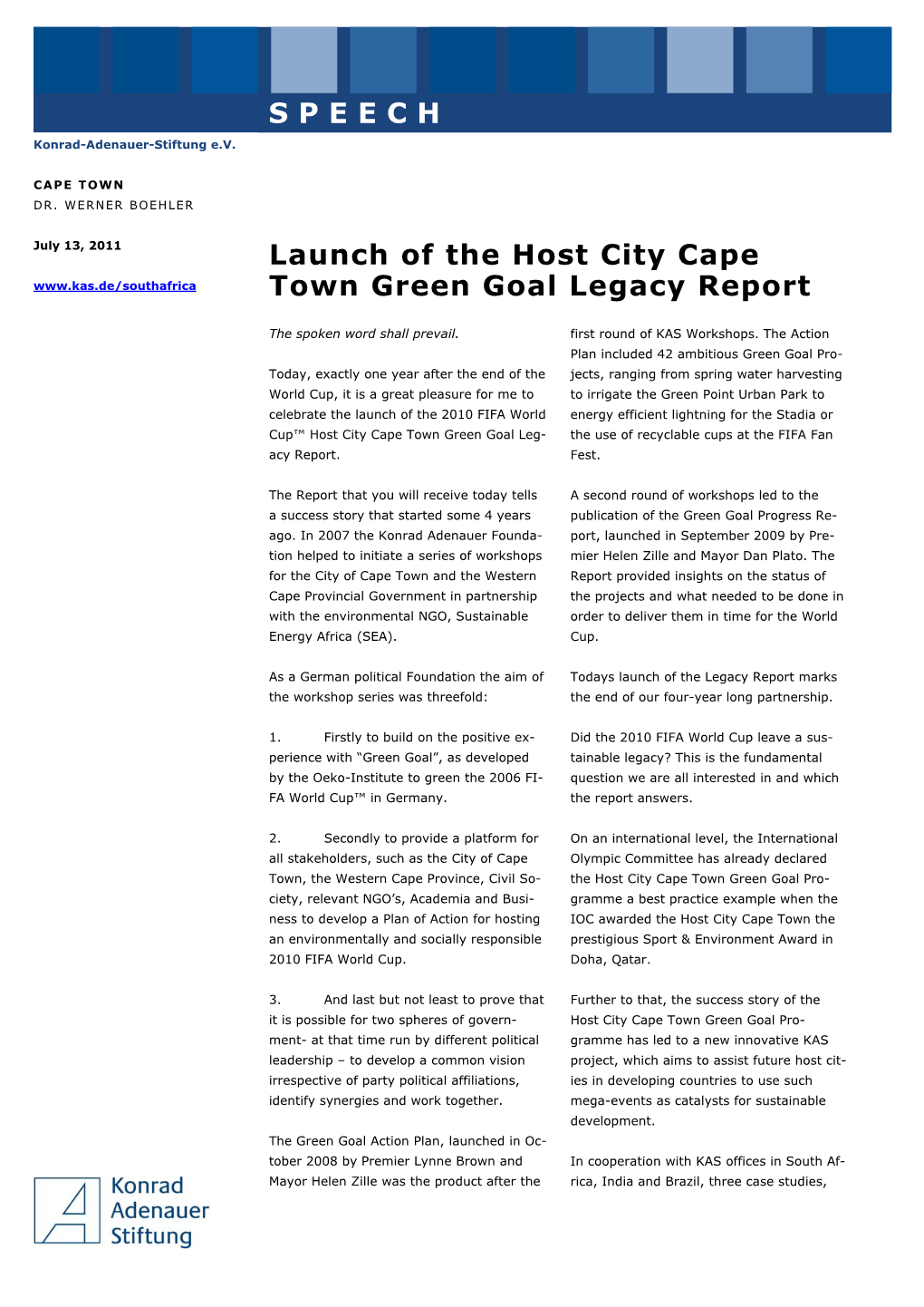 Launch of the Host City Cape Town Green Goal Legacy Report