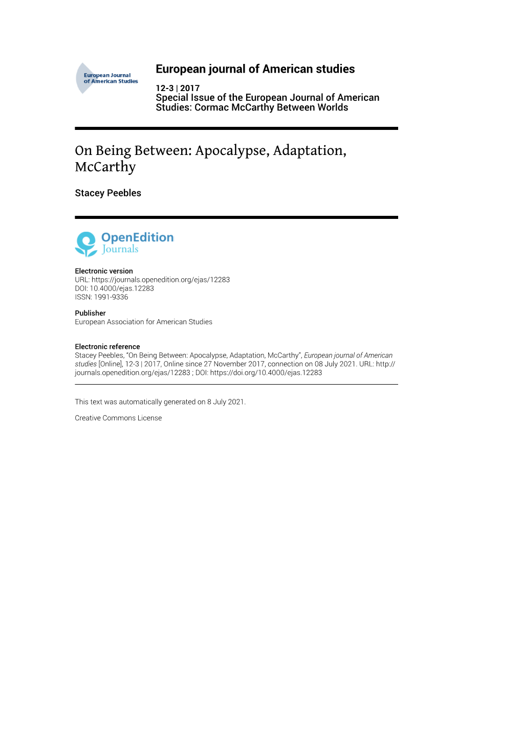 European Journal of American Studies, 12-3 | 2017 on Being Between: Apocalypse, Adaptation, Mccarthy 2