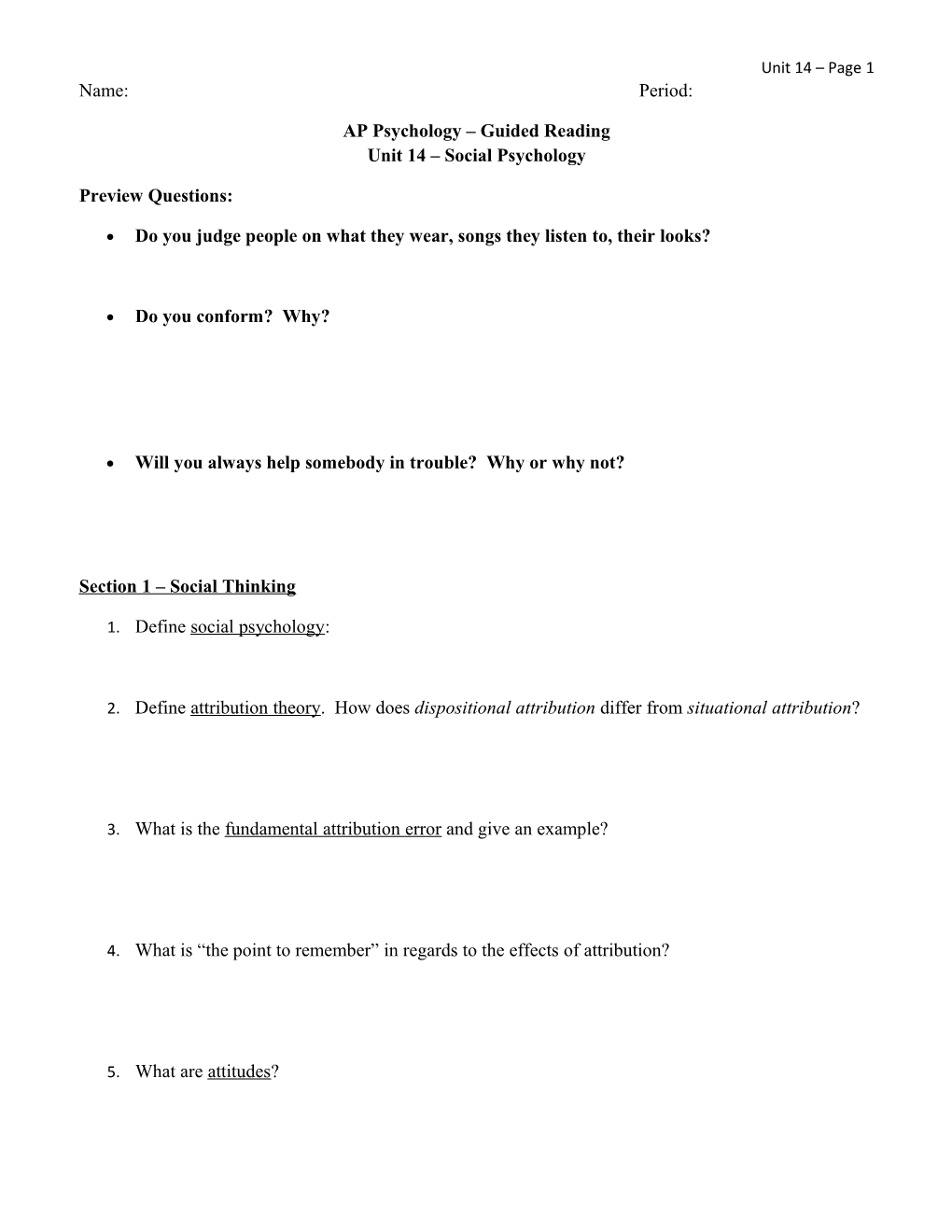 AP Psychology Guided Reading Unit 14 Social Psychology