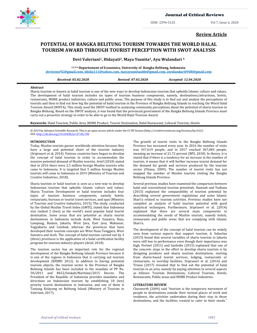 Potential of Bangka Belitung Tourism Towards the World Halal Tourism Award Through Tourist Perception with Swot Analysis