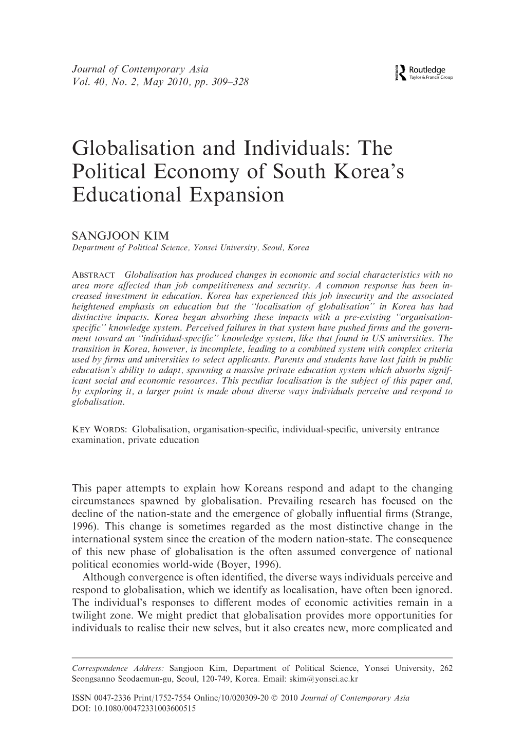 Globalisation and Individuals: the Political Economy of South Korea's