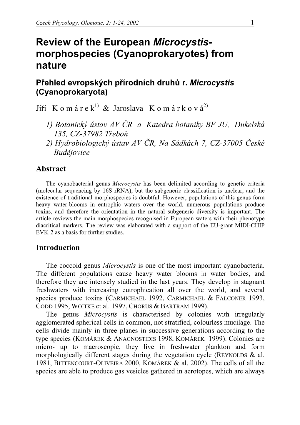 Review of the European Microcystis Morphospecies (Cyanoprokaryotes) from Nature