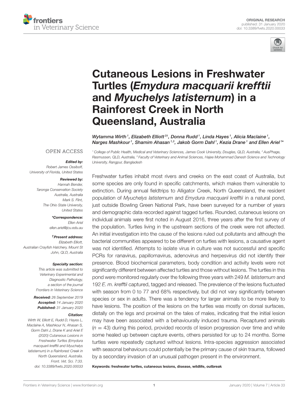 Cutaneous Lesions in Freshwater Turtles (Emydura Macquarii Krefftii and Myuchelys Latisternum)Ina Rainforest Creek in North Queensland, Australia