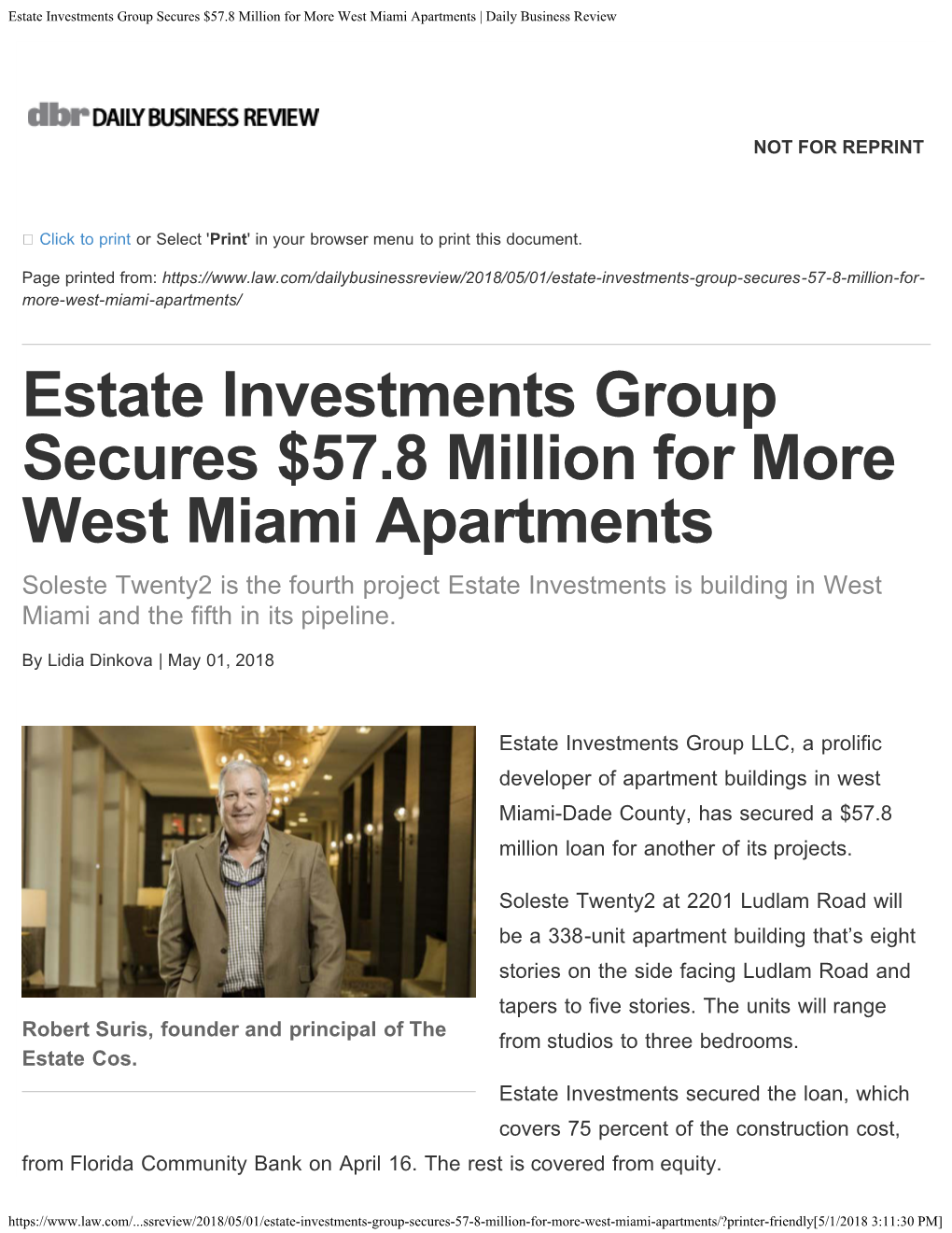 Estate Investments Group Secures $57.8 Million for More West Miami Apartments | Daily Business Review