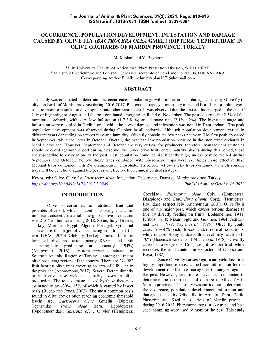 (Diptera: Tephritidae) in Olive Orchards of Mardin Province, Turkey