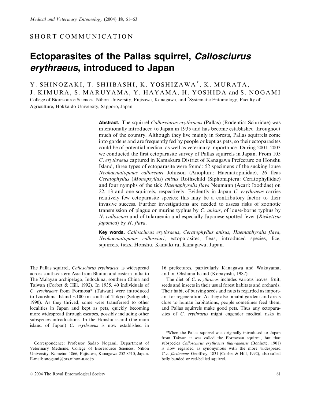 Ectoparasites of the Pallas Squirrel, Callosciurus Erythraeus, Introduced to Japan