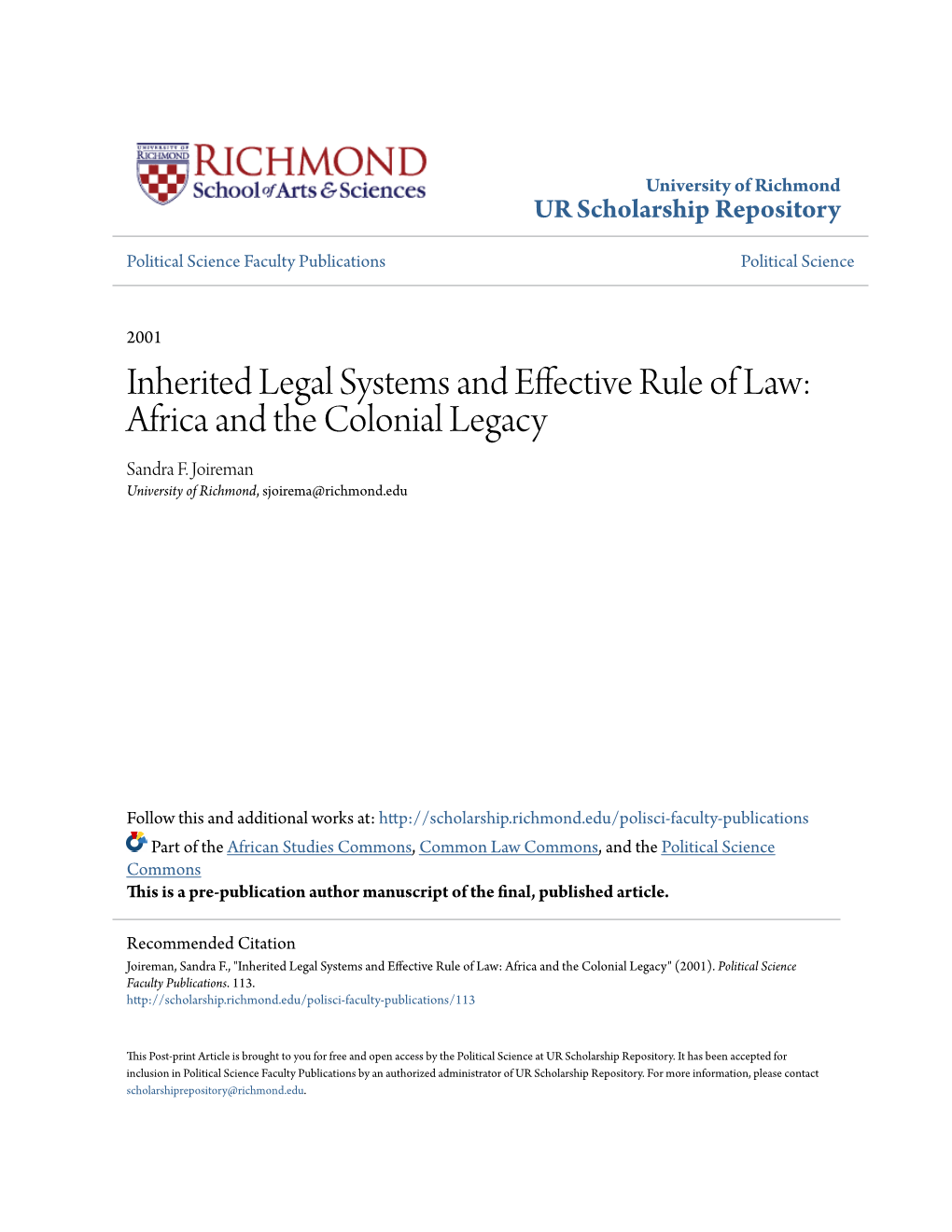 Inherited Legal Systems and Effective Rule of Law: Africa and the Colonial Legacy Sandra F