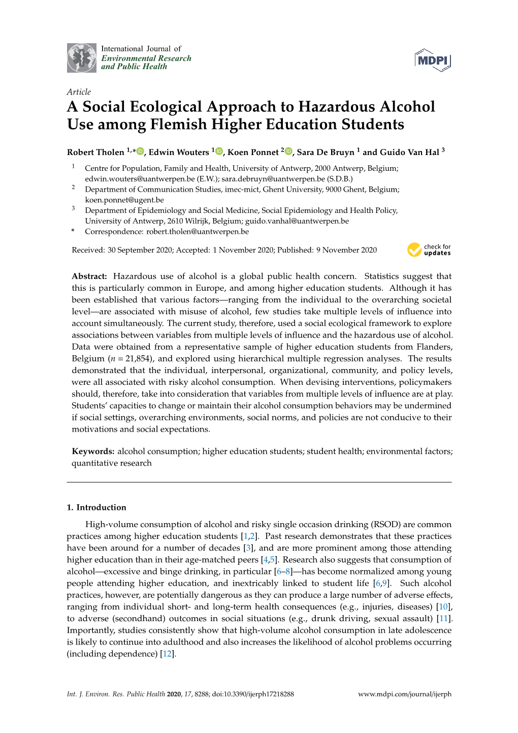 A Social Ecological Approach to Hazardous Alcohol Use Among Flemish Higher Education Students