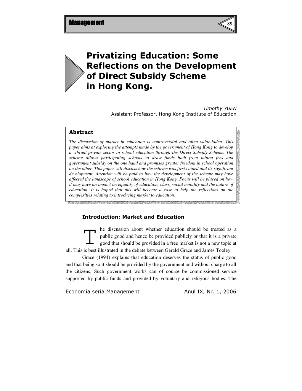 Some Reflections on the Development of Direct Subsidy Scheme in Hong Kong