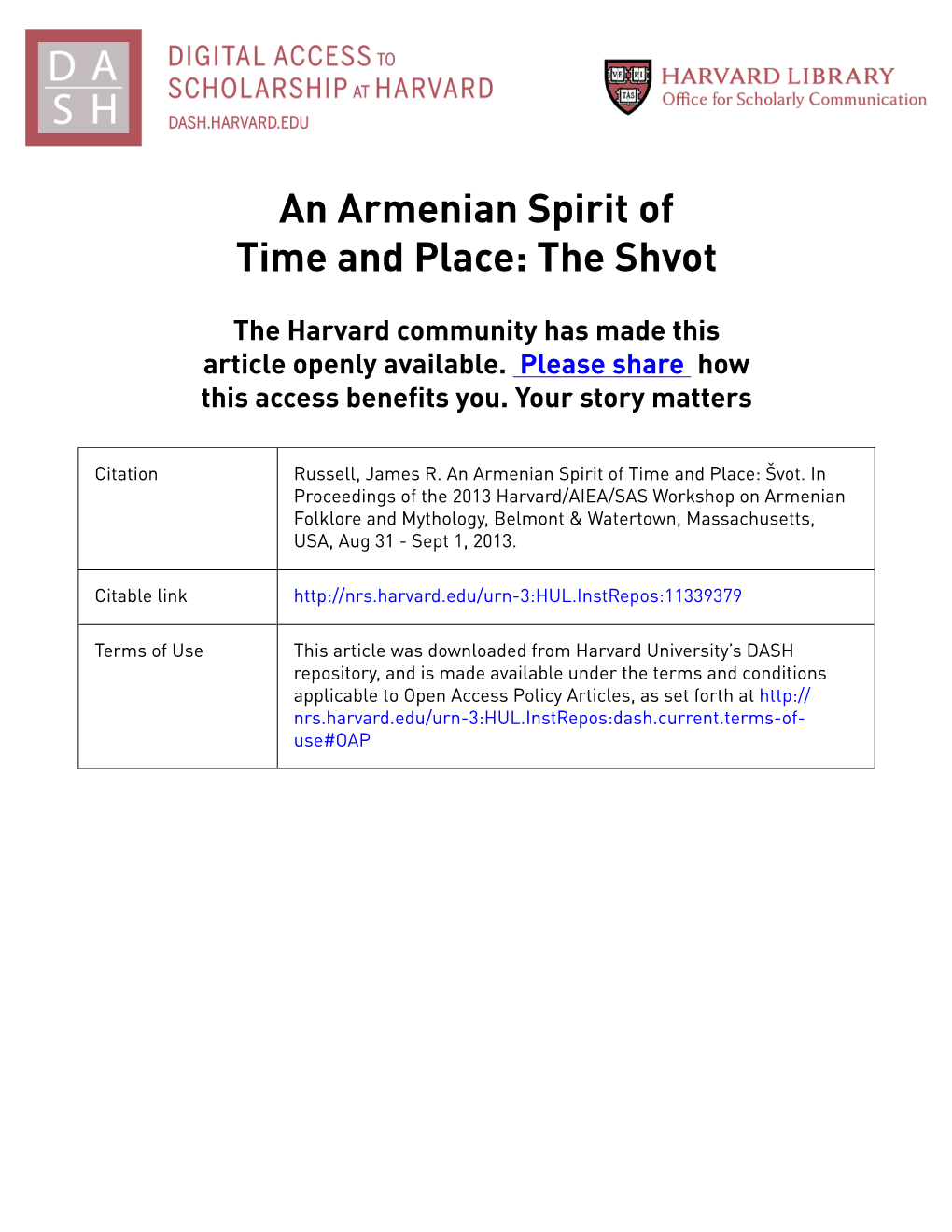 An Armenian Spirit of Time and Place: the Shvot