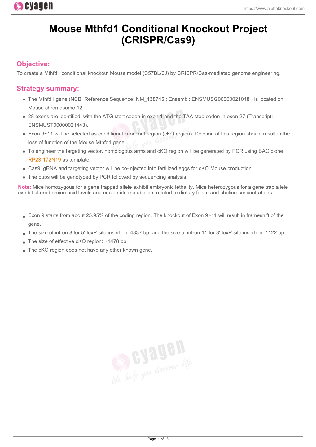 Mouse Mthfd1 Conditional Knockout Project (CRISPR/Cas9)