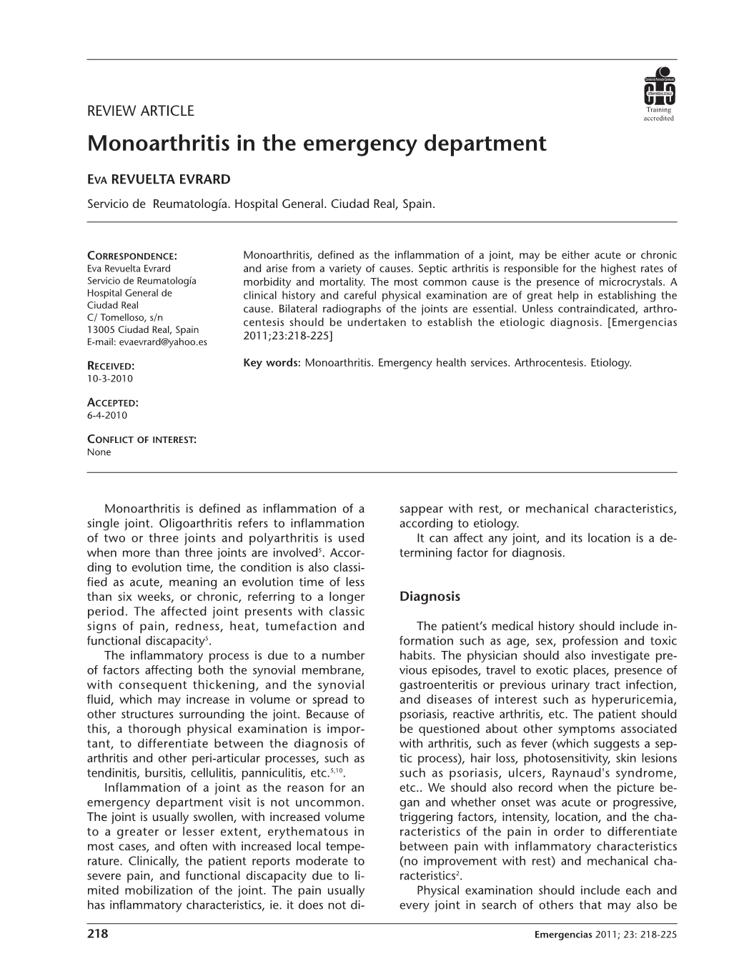 Monoarthritis in the Emergency Department