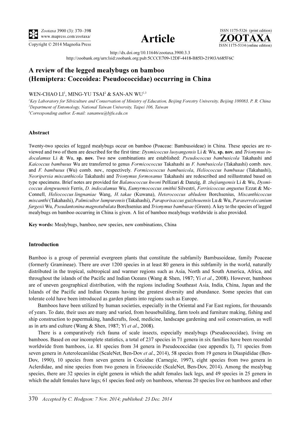 A Review of the Legged Mealybugs on Bamboo (Hemiptera: Coccoidea: Pseudococcidae) Occurring in China