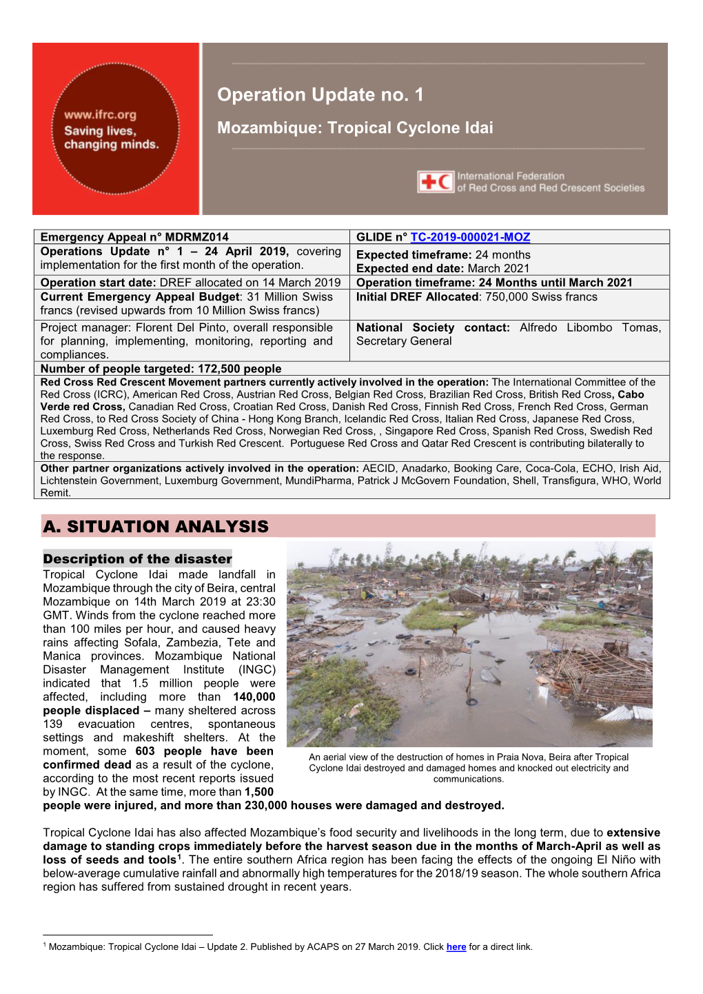 Operation Update No. 1 Mozambique: Tropical Cyclone Idai