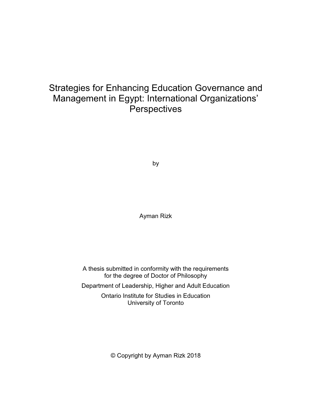 Strategies for Enhancing Education Governance and Management in Egypt: International Organizations’ Perspectives