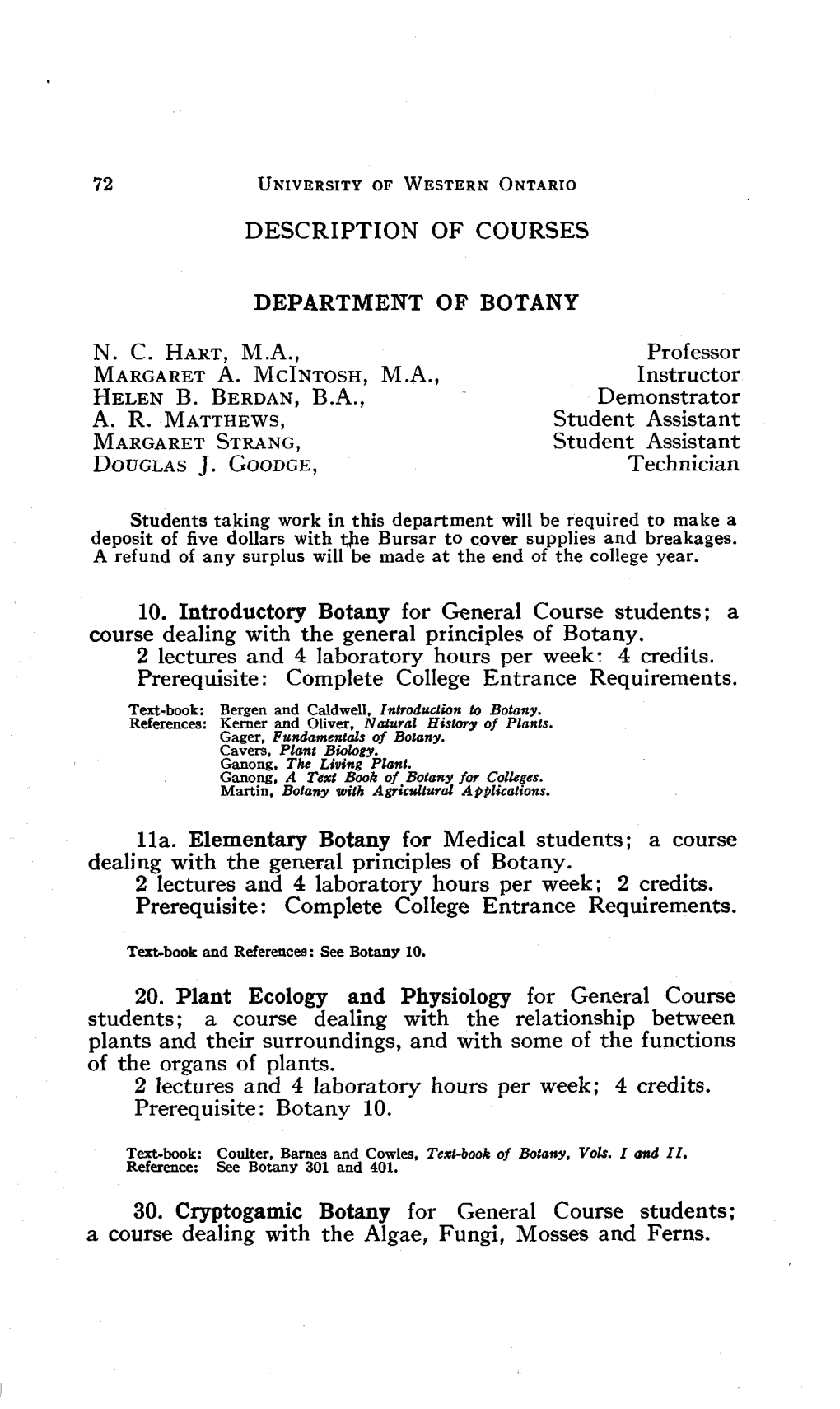 Description of Courses Department of Botany