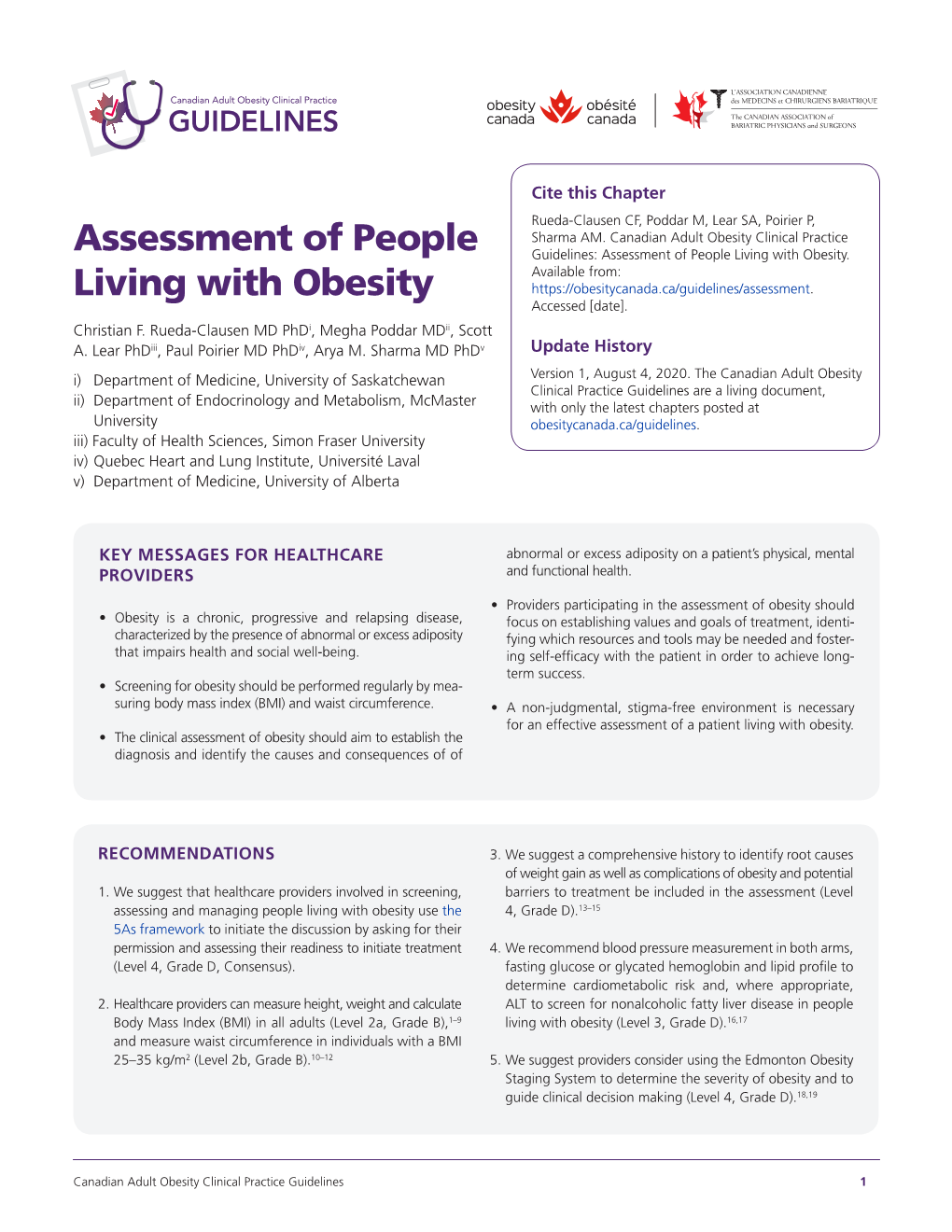Assessment of People Living with Obesity