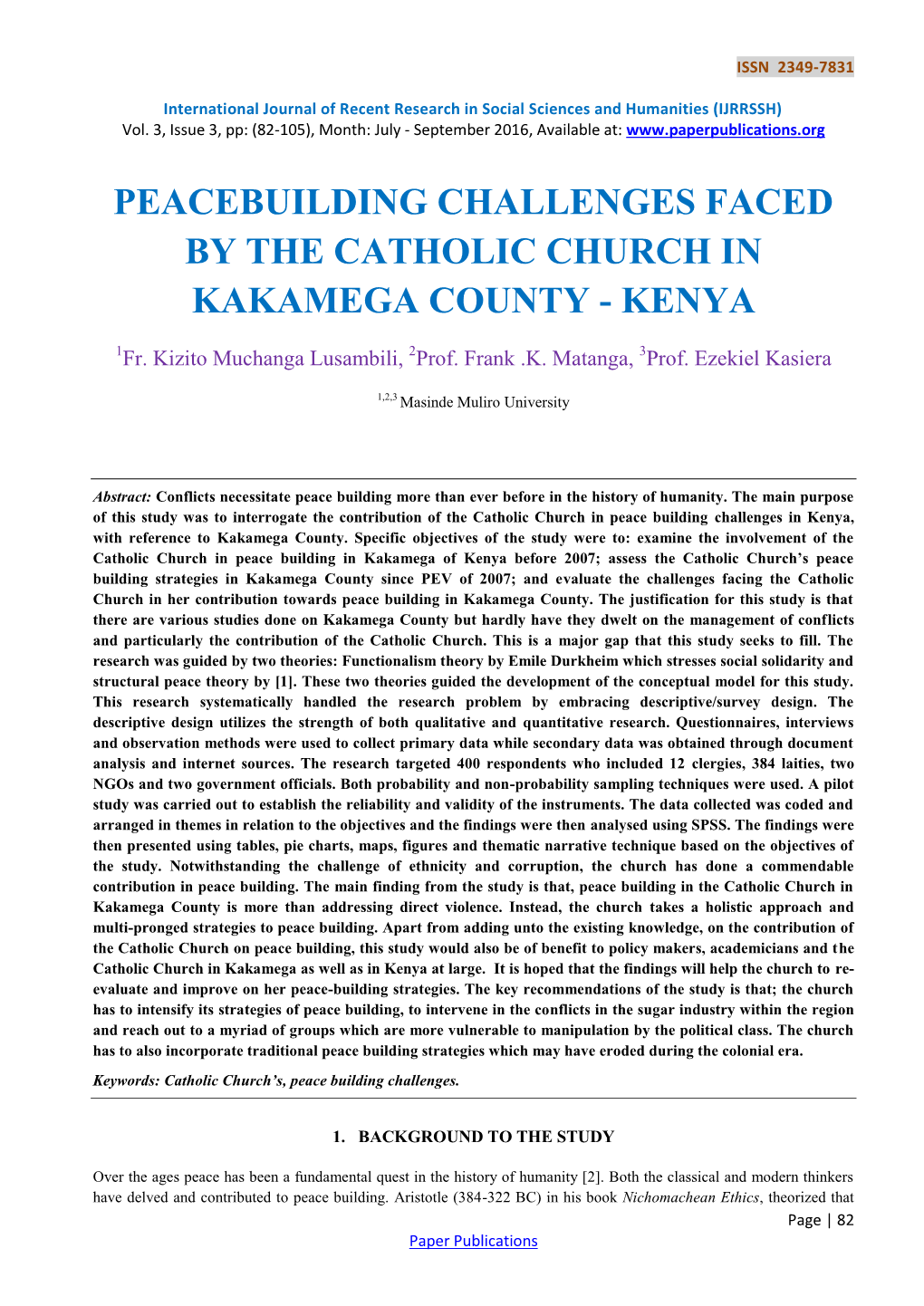 Peacebuilding Challenges Faced by the Catholic Church in Kakamega County - Kenya
