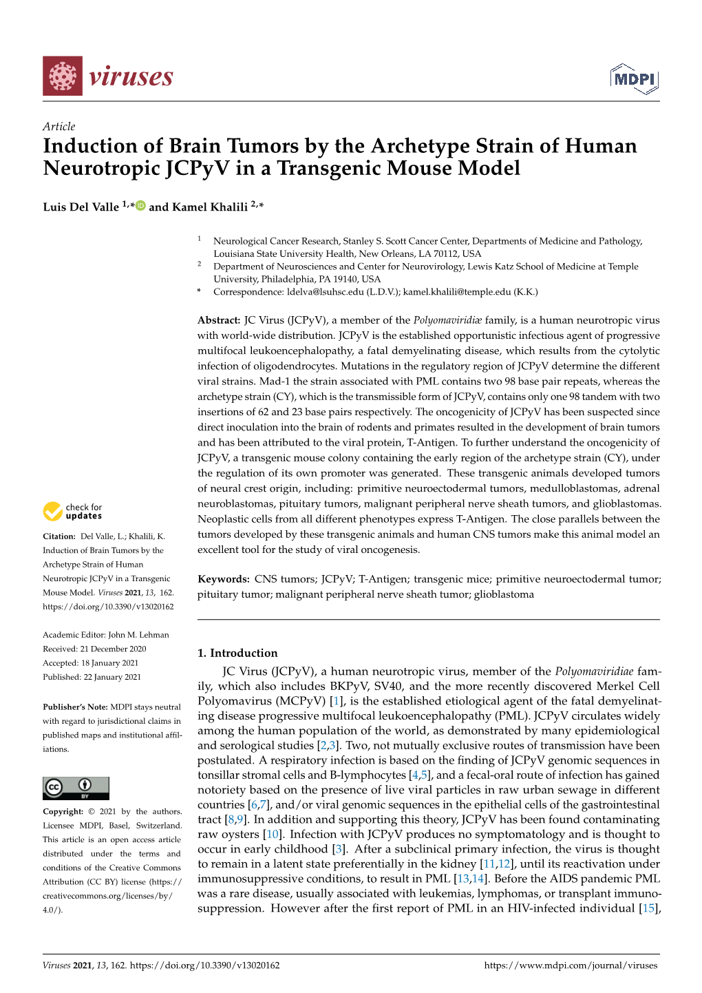 Induction of Brain Tumors by the Archetype Strain of Human Neurotropic Jcpyv in a Transgenic Mouse Model