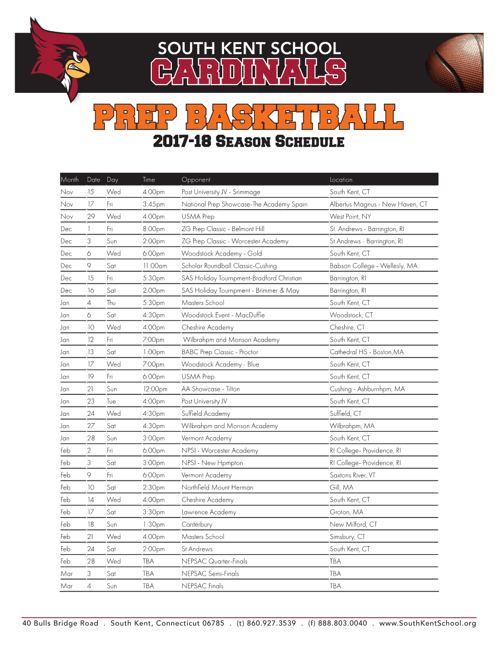 CARDINALS PREP BASKETBALL 2017-18 Season Schedule