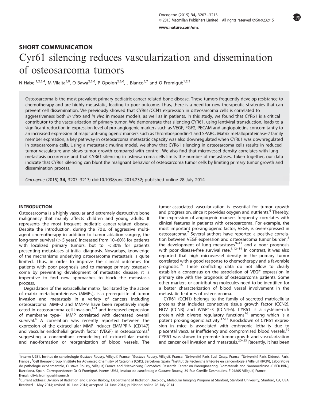 Cyr61 Silencing Reduces Vascularization and Dissemination of Osteosarcoma Tumors